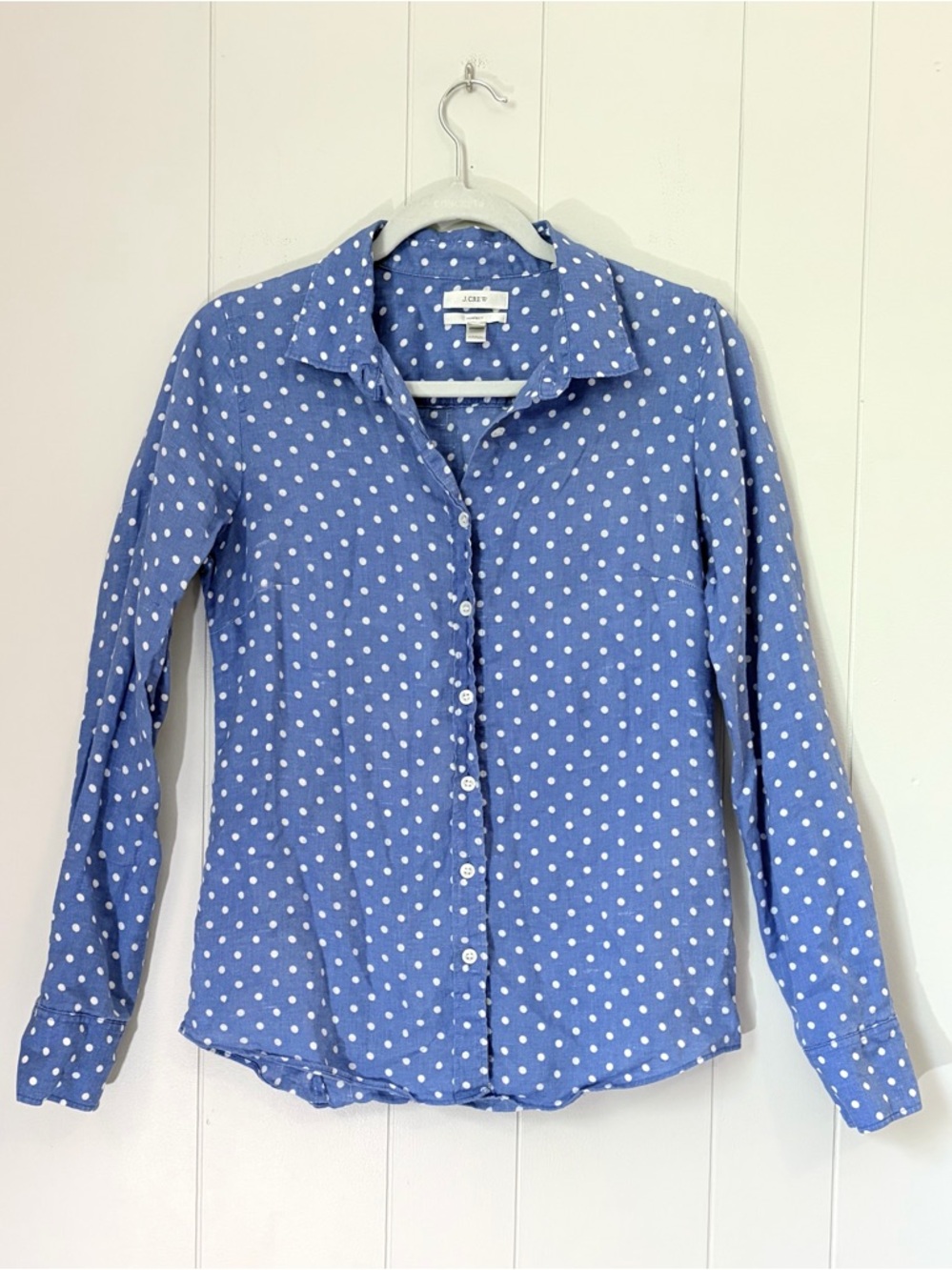 J. Crew Blue White Polka Dot Button-Up Shirt 100% Linen Weathered Sz 4